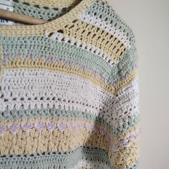 Levon Levin Hand Loomed Striped Crochet Cardigan Pastel Retro 90s Y2K Size Large - Picture 2 of 11